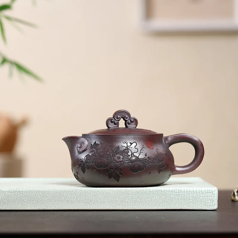 Yixing Zisha Teapot Handmade Purple Clay Tea Pot Auspicious Fortune Gourd Carving Kung Fu Tea Set Gift 400ml