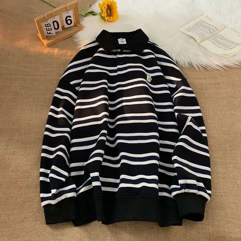 Extra large size polo shirt sweatshirt for men and women spring and autumn American ins striped versatile trendy Japanese top