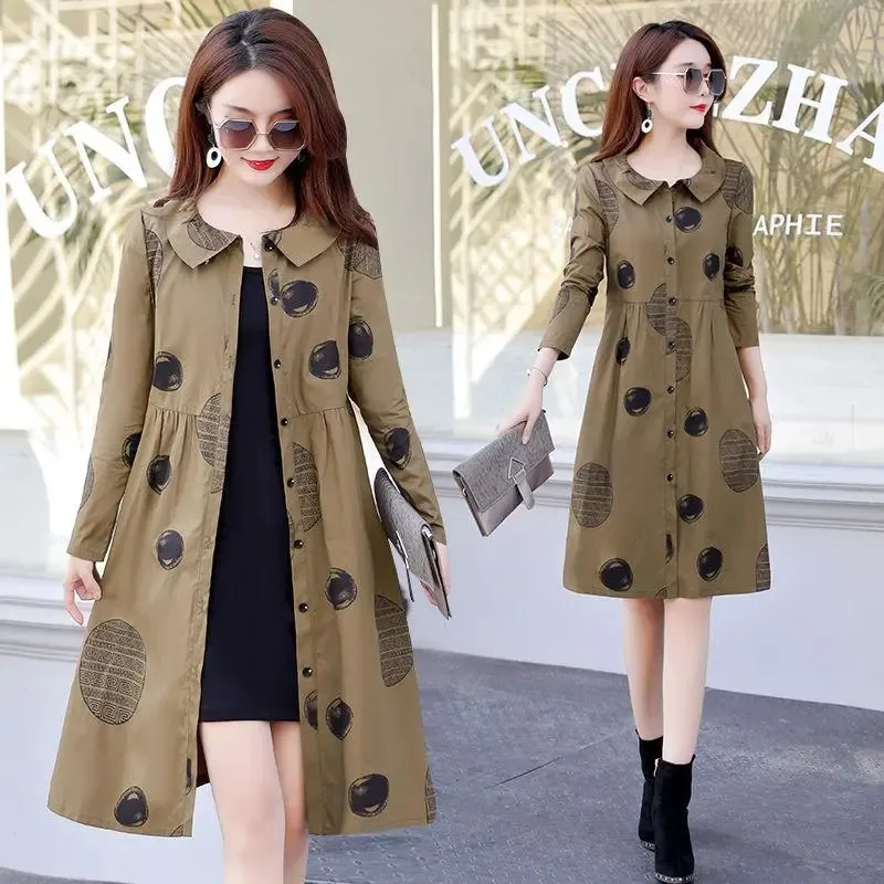 

5XL Large Size Long Sleeved Printed Trench Coat For Women Spring Autumn New Style Slim Waist Windbreaker Medium Length Outerwear