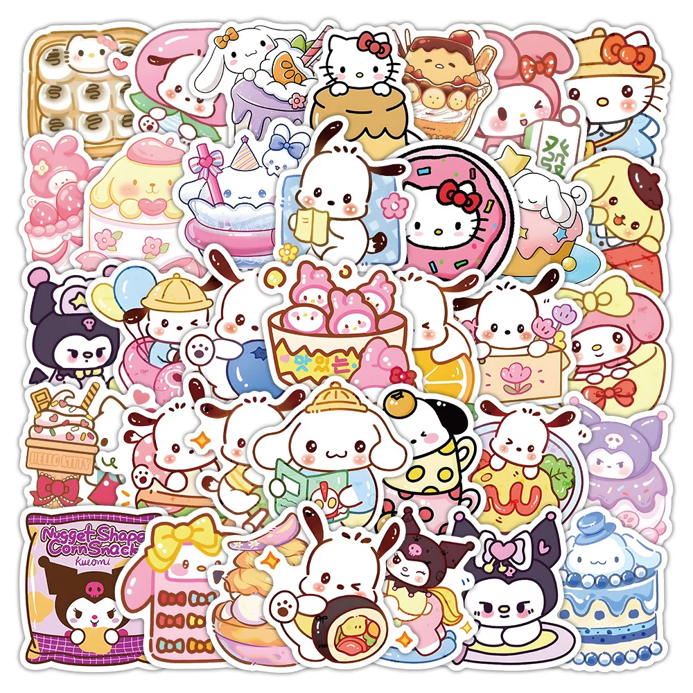 Autocollants de nourriture de dessin animé Kawaii pour enfants, Sanurgente, Hello Kitty, Kuromi, graffiti mignon, planche à roulettes bricolage, jouet de décalcomanie imperméable, JEWaterproof, 10 pièces, 30 pièces, 50 pièces