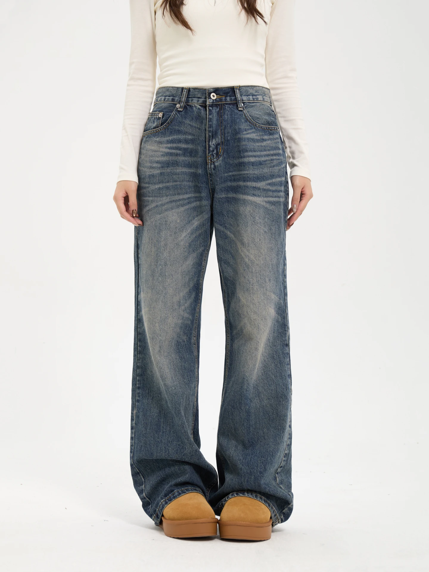 

7Keewen Винтажные американские джинсы с эффектом потертости, свободные прямые брюки для женщин, осенняя коллекция, модные