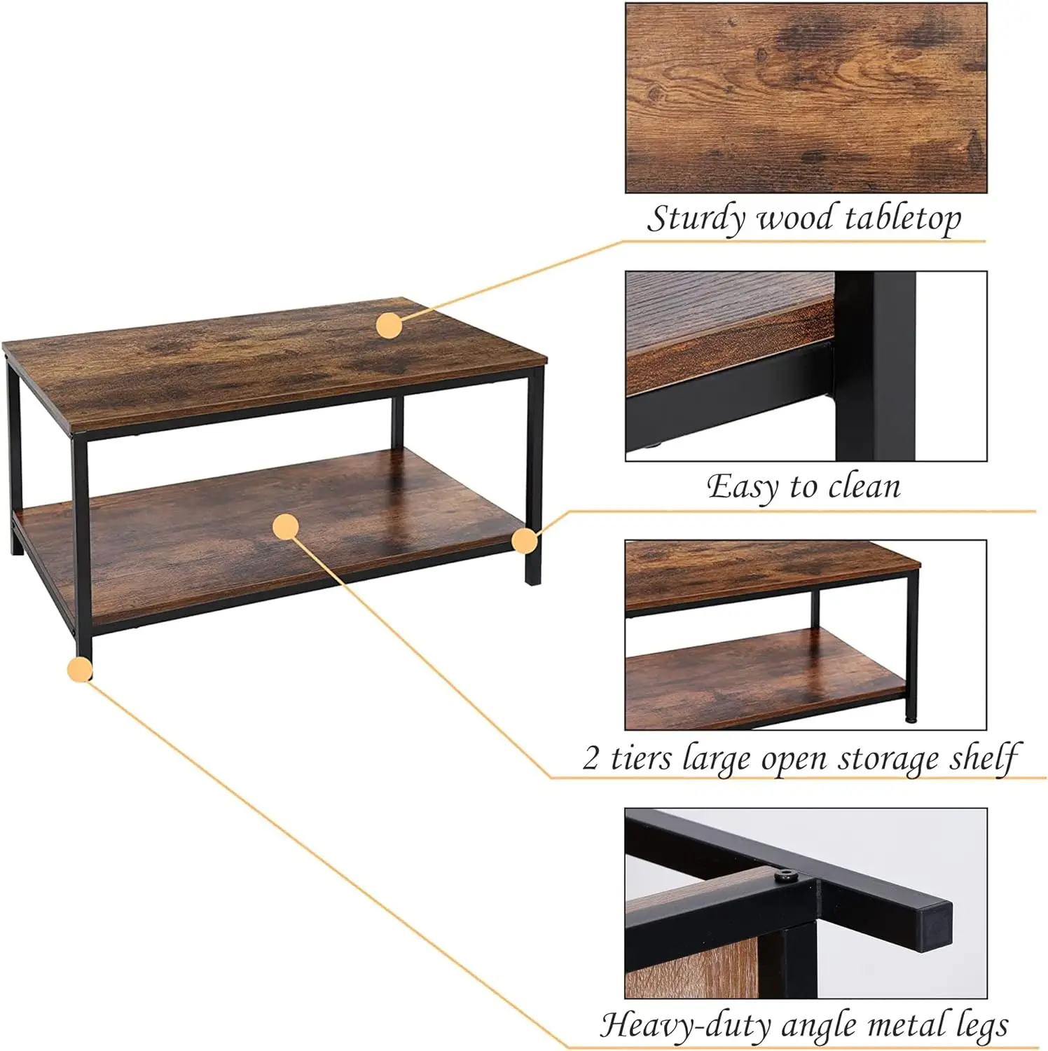 2-Tier Industrial Coffee Table with Storage Shelf for Small Apartment Living Room, Rectangle Wood and Stable Metal TV Stand Side