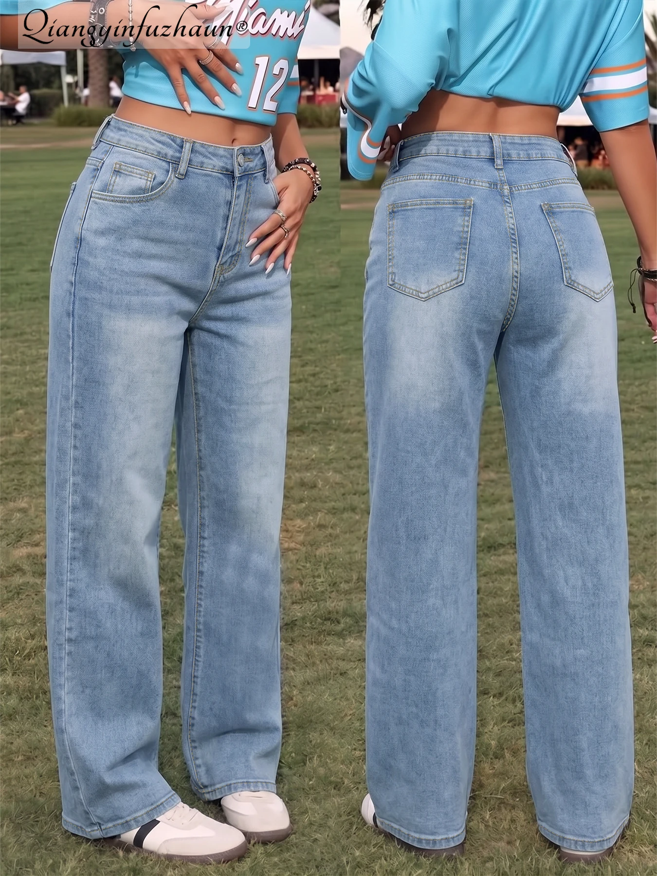Color-fast water-washed light blue straight-leg denim high-waisted stretchy versatile daily wear casual pants for women