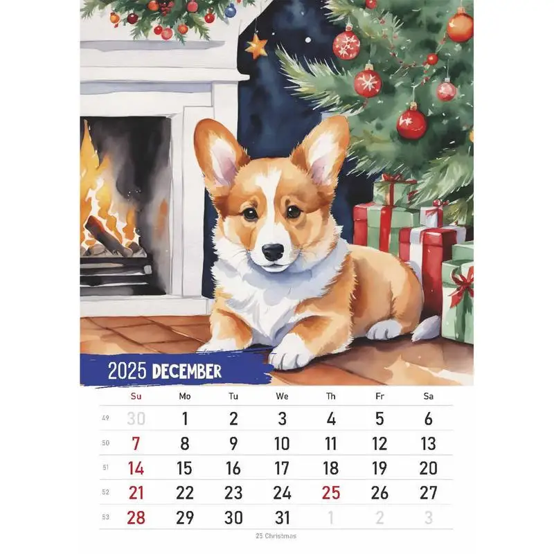 Calendario de pared para cachorros, planificador anual de 12 meses, 2025