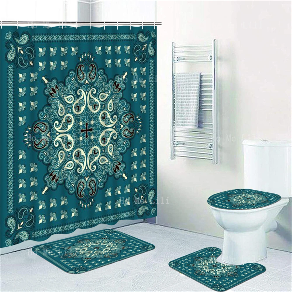 Geometric Graphic Blossom Traditional Viewing National Pattern Shower Curtain Sets With Rugs