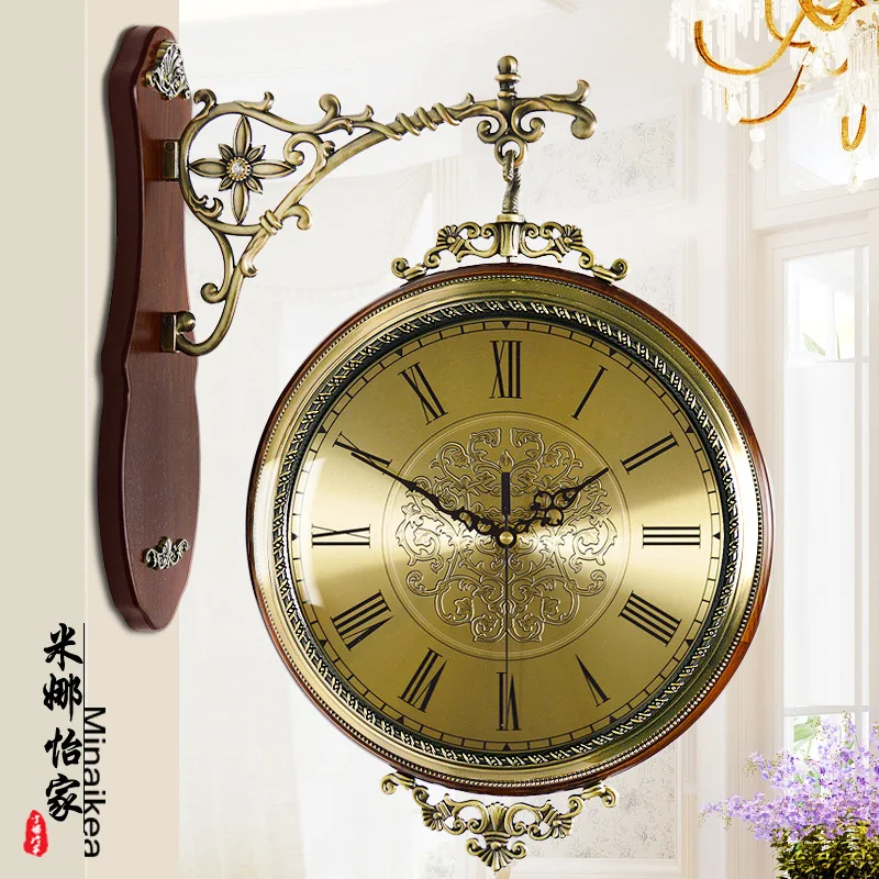 European solid wood double-sided wall clock large silent creative home living room clock antique two-sided retro fashion clock