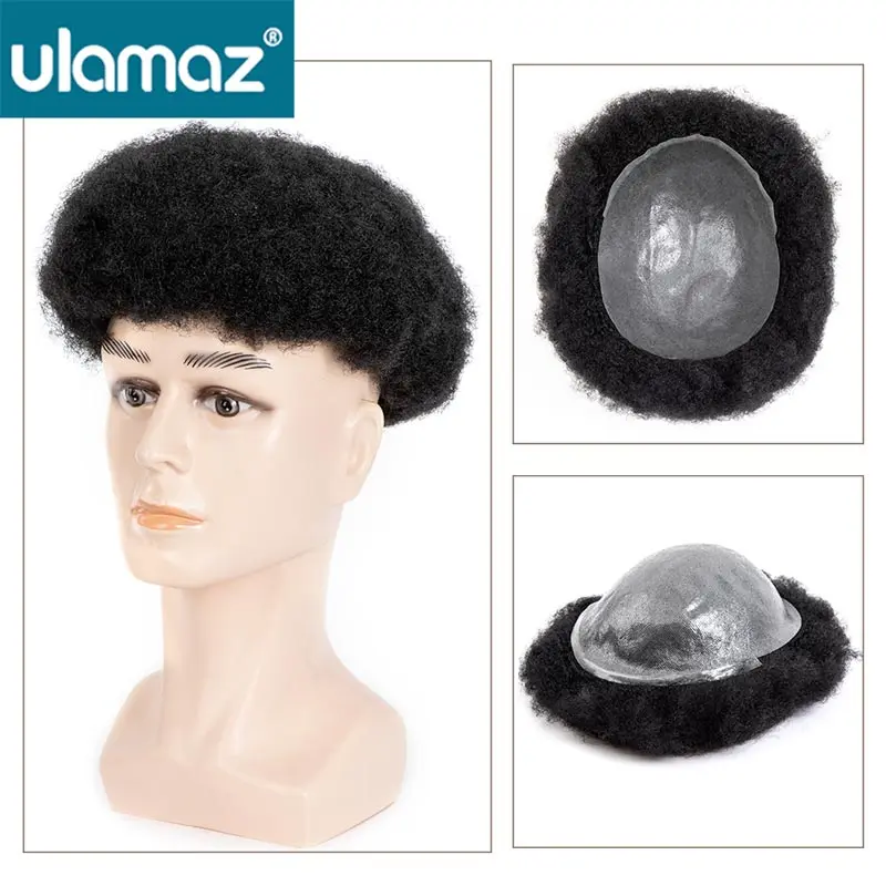 0,08-0,10mm geknotete Mikrohaut männliche Haar prothese Afro Perücken menschliches Haar lockiges Toupet Haar Männer Haut Haars ystem für Männer Perücke