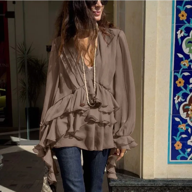 

Talenza Women Casual Blouse Summer Solid Chiffon V-Neck Long Sleeve Ruffled Pleated Shirt Loose Commuter Fashion Elegant Blouse