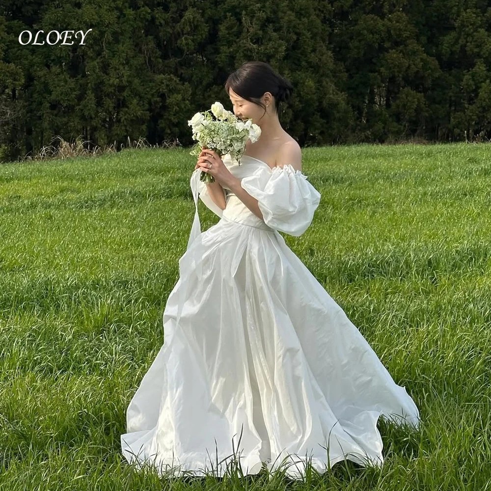 OLOEY Sweetheart A 라인 한국 웨딩 드레스 맞춤형 태피터 플리츠 코르셋 백 신부 가운 짧은 랜턴 슬리브 신부 드레스