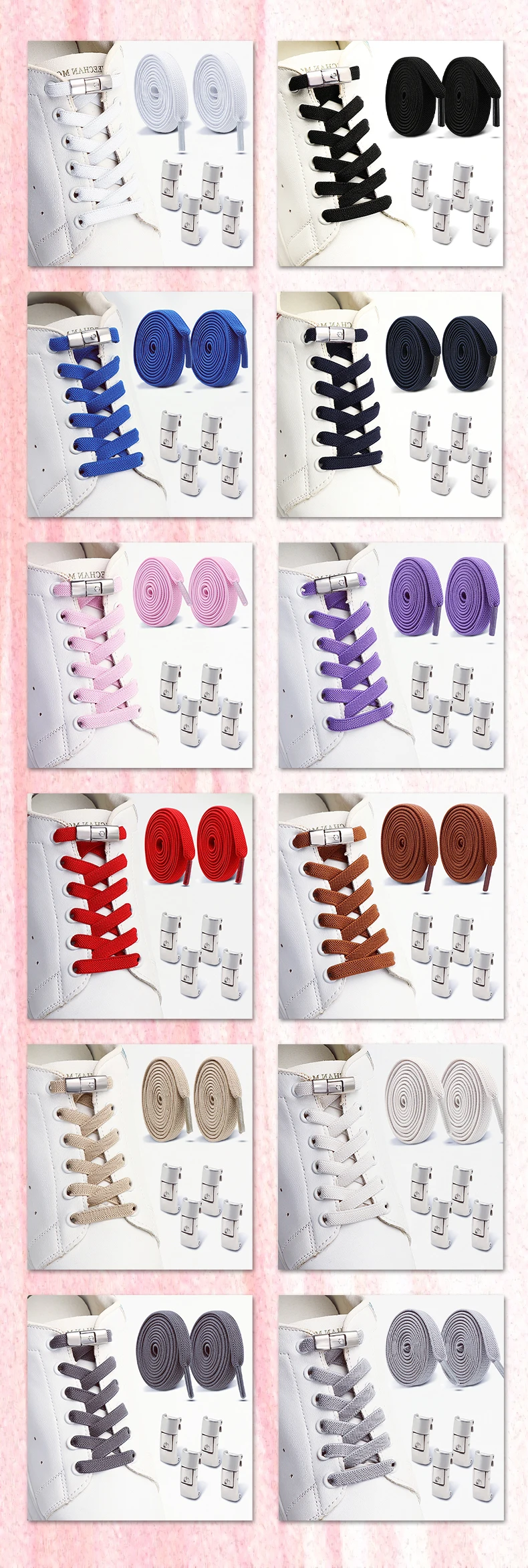 Klassische, flache, elastische Schnürsenkel mit Druckverschluss, zum einfachen Anziehen, für Sportschuhe und Sneaker, Einheitsgröße, passend für Erwachsene und Kinder, 1 Paar/2 Paar. – Detail 8
