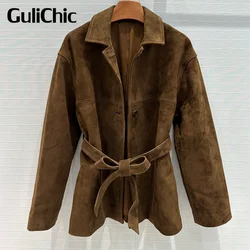 7.24 GuliChic Women High End Quality Vintage Lapel Collar Letter Embroidery With Sashes Jacket Fashion Outerwear