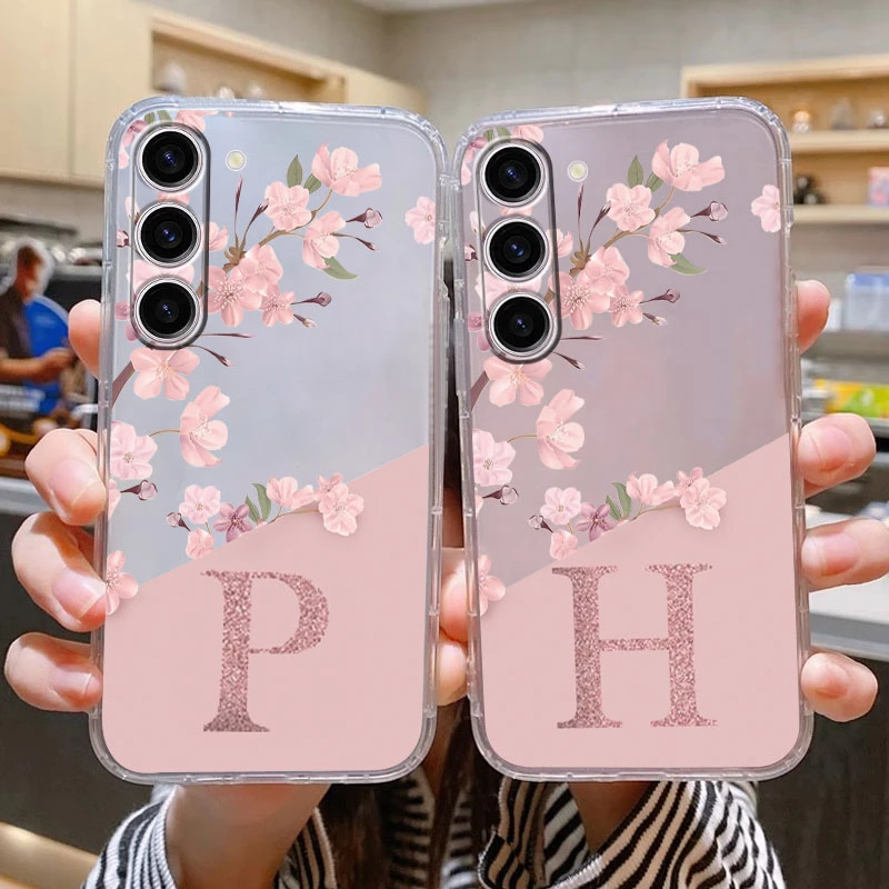 For Samsung Galaxy A55 5G A35 M14 M15 F15 M34 F34 M35 M54 M55 C55 F55 Phone Case Cover Letter Pink Flowers Clear Soft TPU Fundas