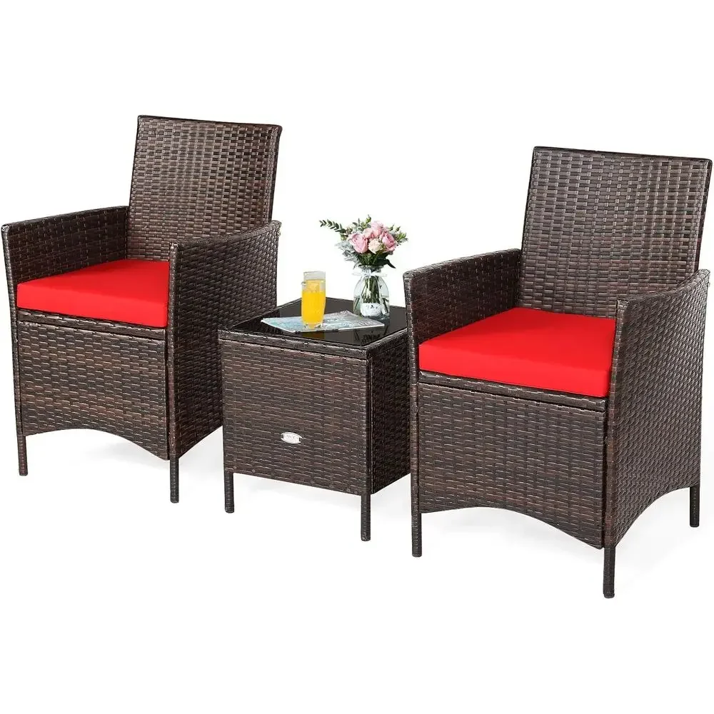 All-Weather Wicker Patio Set with Glass Top Coffee Table and Cushions for Outdoor, Garden, or Poolside Use (Red)