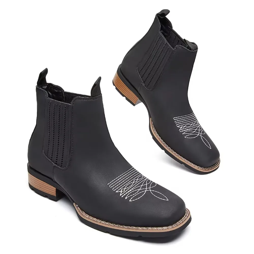 Botas vaqueras de hombre con puntera ancha, de estilo occidental, para uso en exteriores, duraderas, cómodas, de cuero, botas de caña corta, calzado retro de moda para hombre.