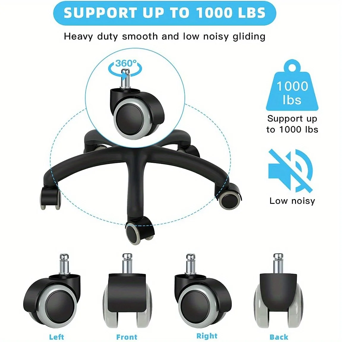 Office Chair Caster Wheels Replacement (Set of 5), Heavy Duty Caster Support up to 1000bls, Office Rubber Chair Wheels, 2 inch