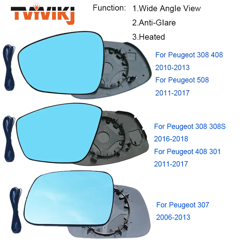 

TVYVIKJ Side Rearview Mirror Blue Glass Lens For Peugeot 301 308 408 508 2010-2019 Wide Angle View anti glare