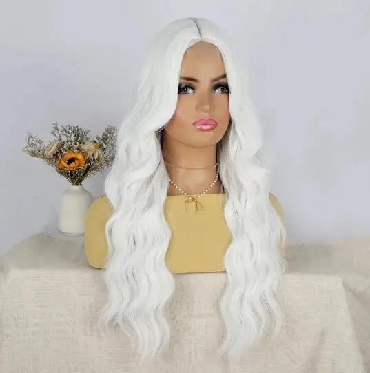 

White Synthetic Wig for Women Long Lace Curly Wavy Cute Wigs Middle Part Hair Wigs Halloween Cosplay Daily Party Wigs 28 inch