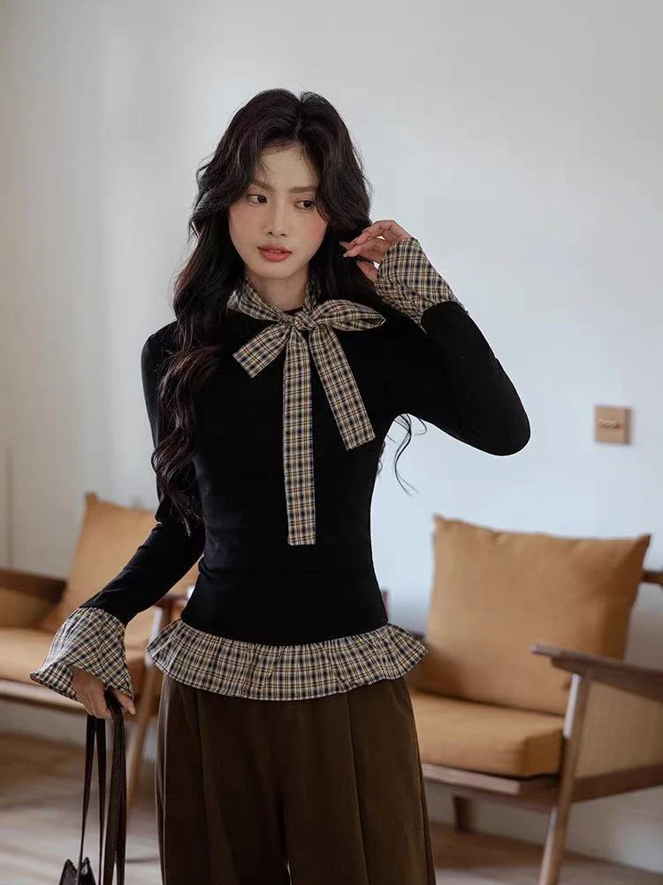 Korean Chic Patchwork Women Black Pullover Autumn New Plaid Stitching Fake 2 Pieces Top Sweet Bow Tie Long Sleeve T Shirts Mujer