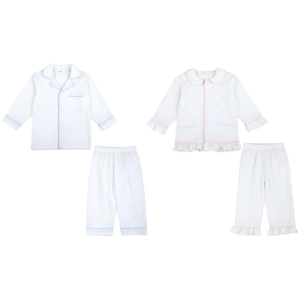 Groothandel 1-12 Jaar Kinderpyjama 100% Katoenen Plaid Seersucker Zachte Broer Of Zus Outfits Pjs Loungewear Baby Jongens Meisjes Pyjamasets