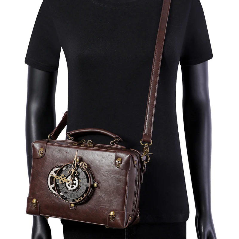 Man Crossbody Bag Woman Satchel Steampunk Briefcase Leather Shoulder Casual  Tote Handbag Clock Vintage Square Side Phone Bag