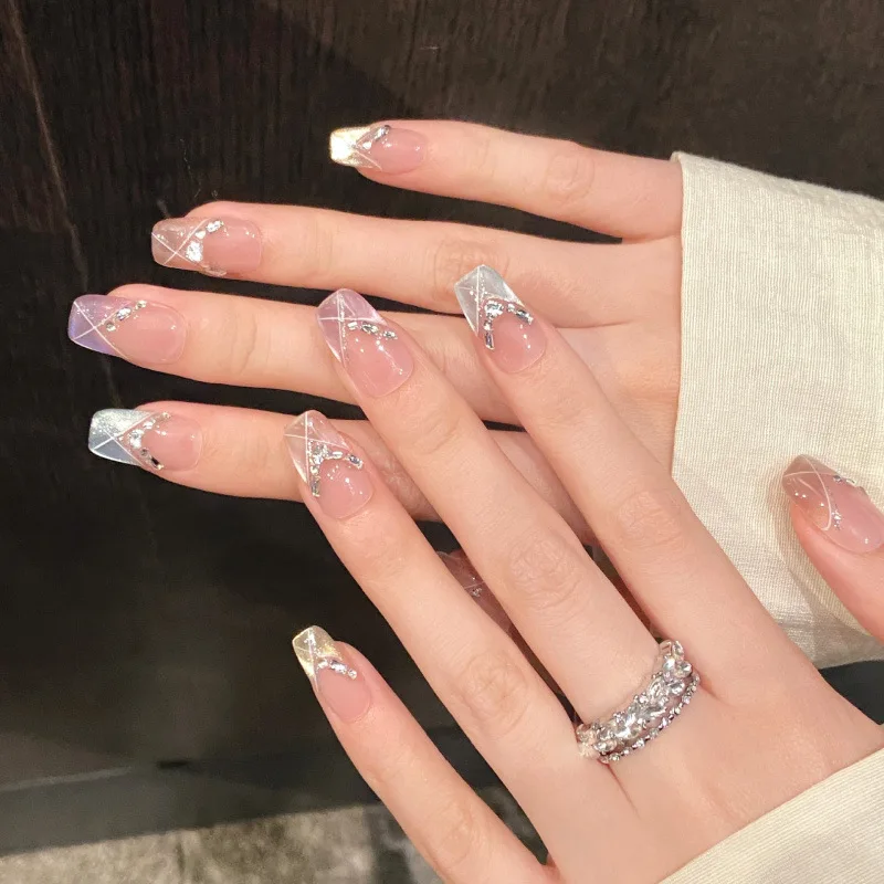 

10Pcs French Nails Set Full Cover Colorful Cat Eye Designs Wearable Nail Tips Art with Rhinestone Gradient Short Ballet Manicure
