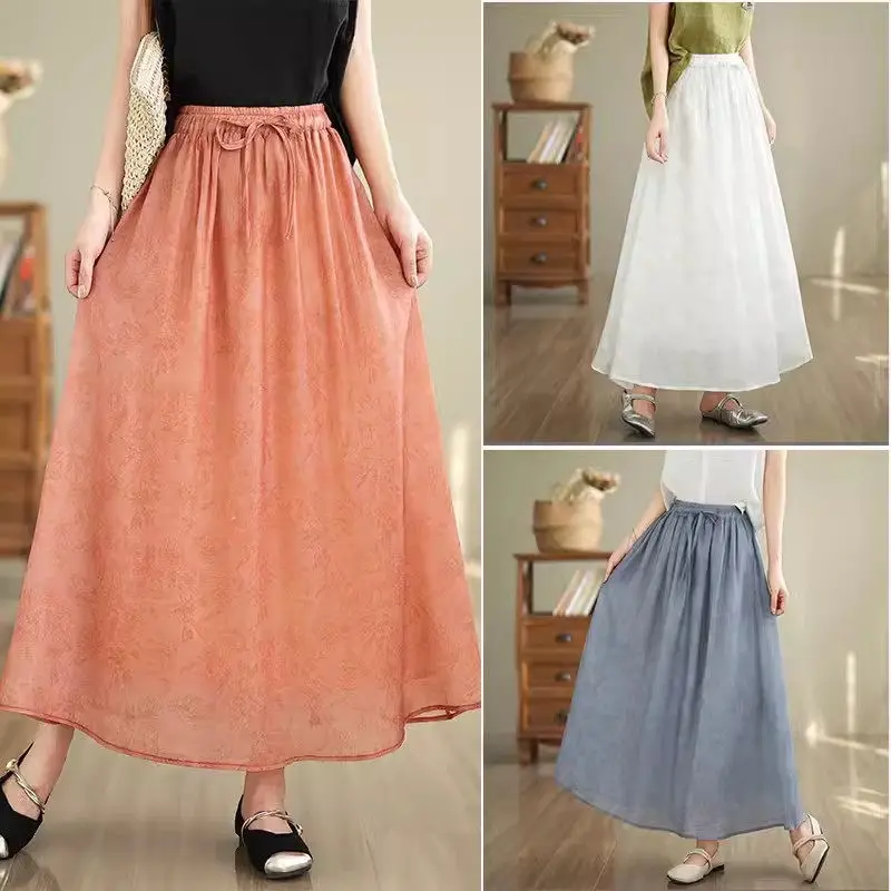 

Simple And Casual Skirt For Women Summer Elegant Elastic Waist Fashion Versatile Retro Skirt Midi Saias Mujer Faldas K1535