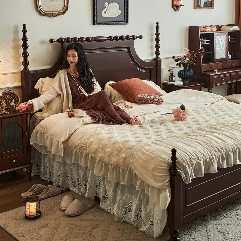 

American bed all solid wood French retro style furniture 1.8 meters 8 double bed master bedroom queen bed pearl