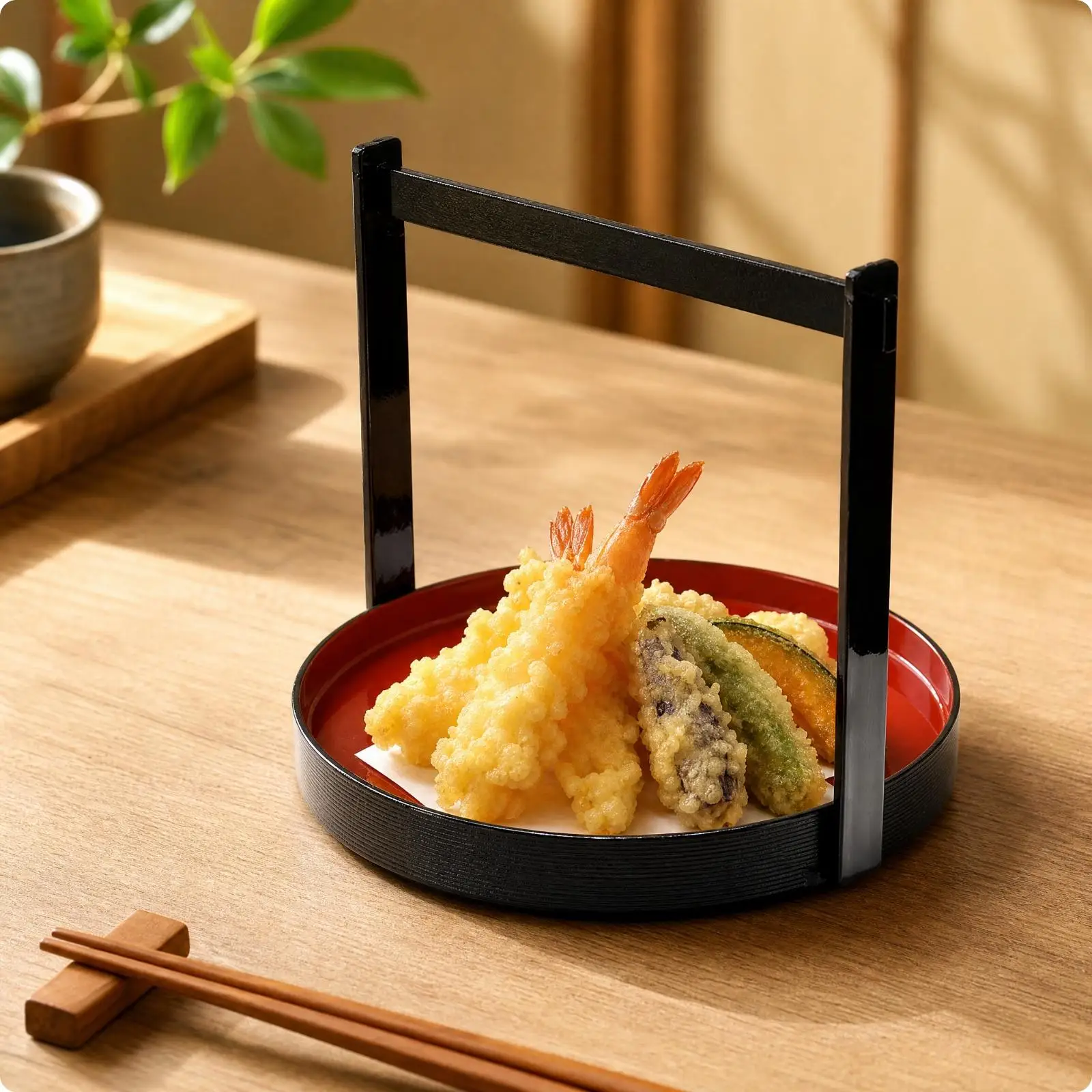 Round Melamine Japanese Frying Basket Serving Platter with Rectangle Handle for Sushi Fried Seafood Appetizer