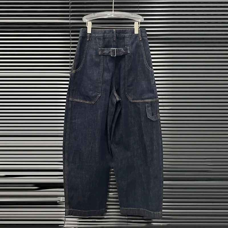 KBQ الصلبة تقسم جيوب فضفاضة جينز غير رسمي للنساء عالية الخصر تصميم الشعور مستقيم بنطلون أنثى الاسلوب المناسب شتاء جديد