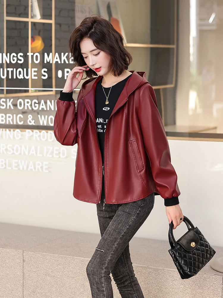 Haining 本革ジャケット女性の ort sle 2025 春秋の新シープスキンカジュアルフード付きジャケットルーズアウター