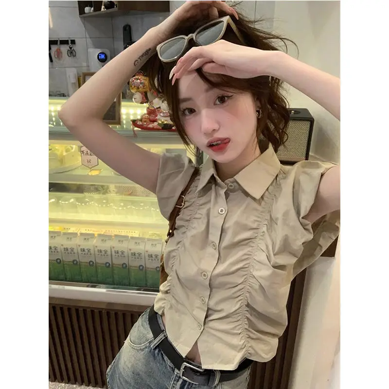 Korean Version Temperament Slimming Age Reducing Versatile Women's Shirt Summer New Sweet Pleated Sleeveless Shirt Top for Women