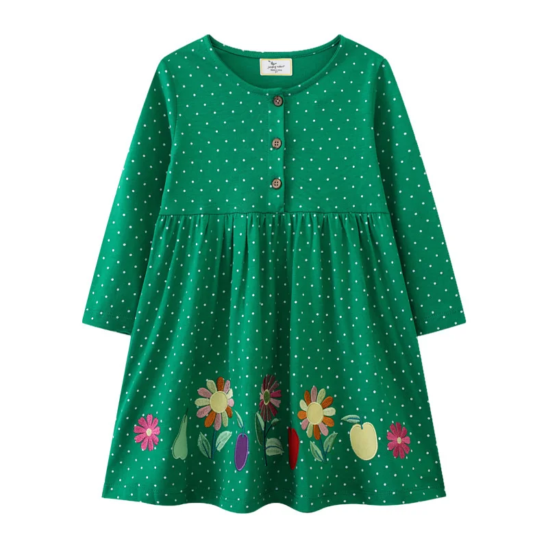 

Jumping Meters 2-7T Autumn Spring Children's School Dresses Floral Embroidery Long Sleeve Birthday Gifts Kids Buttons Dress