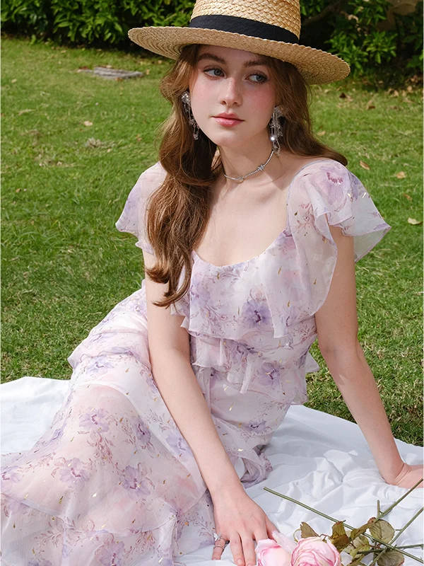 New Purple Floral Skirt Short Sleeve High Waist A-Line Dress Women's Sweet Bohemian Style Print Gown Square Collar Evening Dress