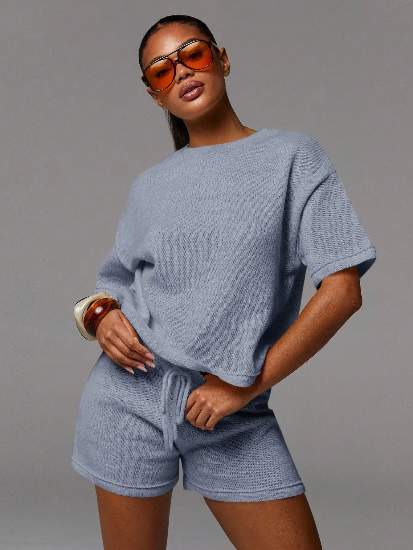 

Women Knit Casual 2 Piece T-Shirt And Shorts Set