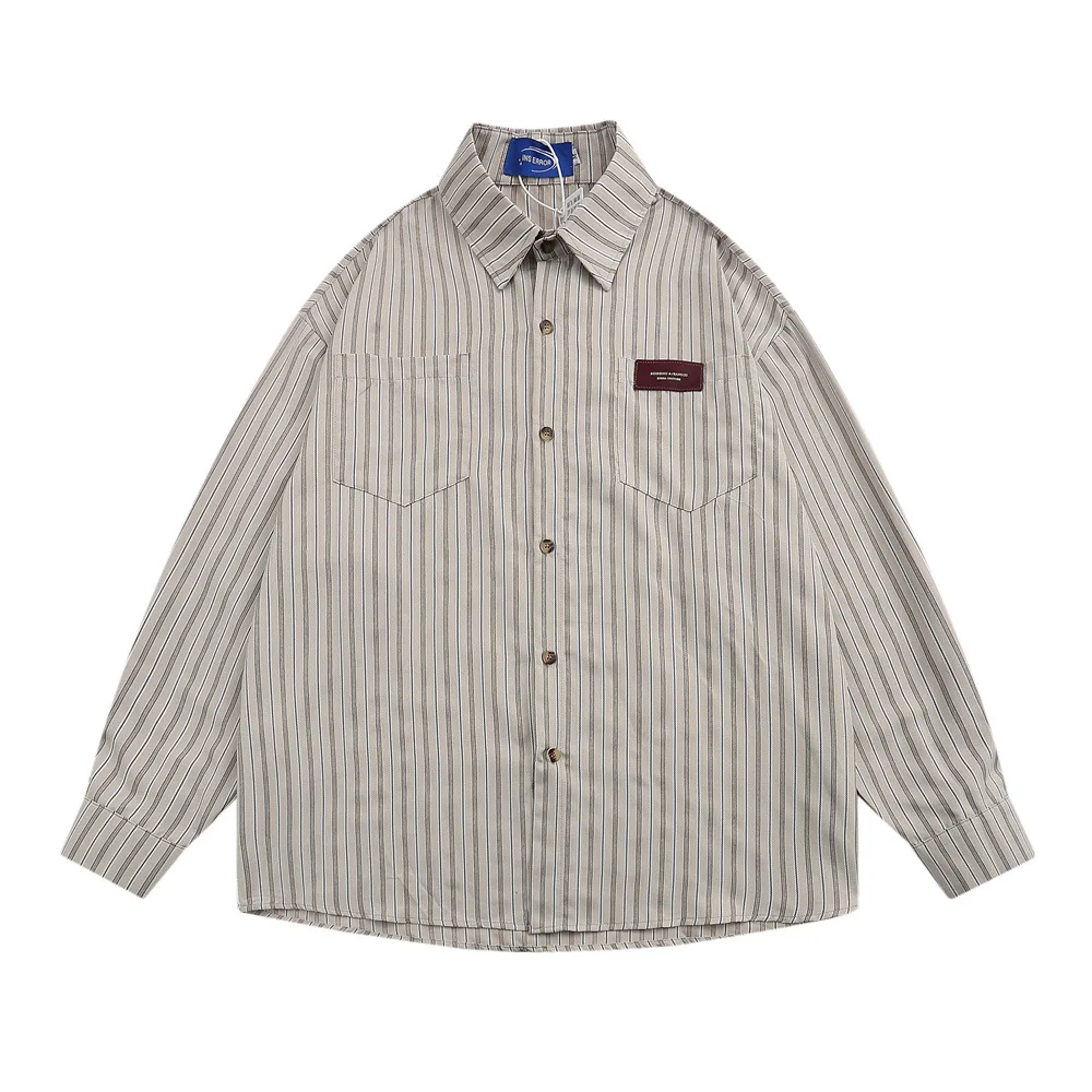 

Новая мода в японском стиле, мужские полосатые свободные простые базовые повседневные модные рубашки с отложным воротником и длинными рукавами, мужские топы