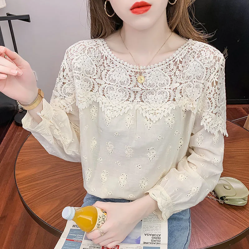 New Autumn Vintage Chic Lace Embroidery Sexy Hollow Long Sleeve Fashion Blouse Shirt Women Casual Simple Solid Loose Ladies Tops