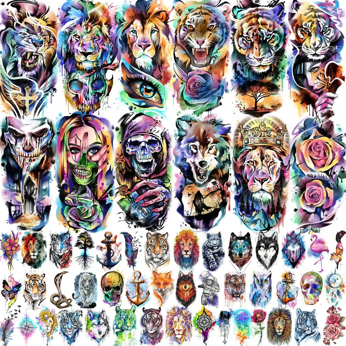 55 Sheets 3D Watercolor Temporary Tattoos For Women Adults Arm Fake Tattoos Colorful Wolf Rose Flower Tiger Lion Tatoos Body Art