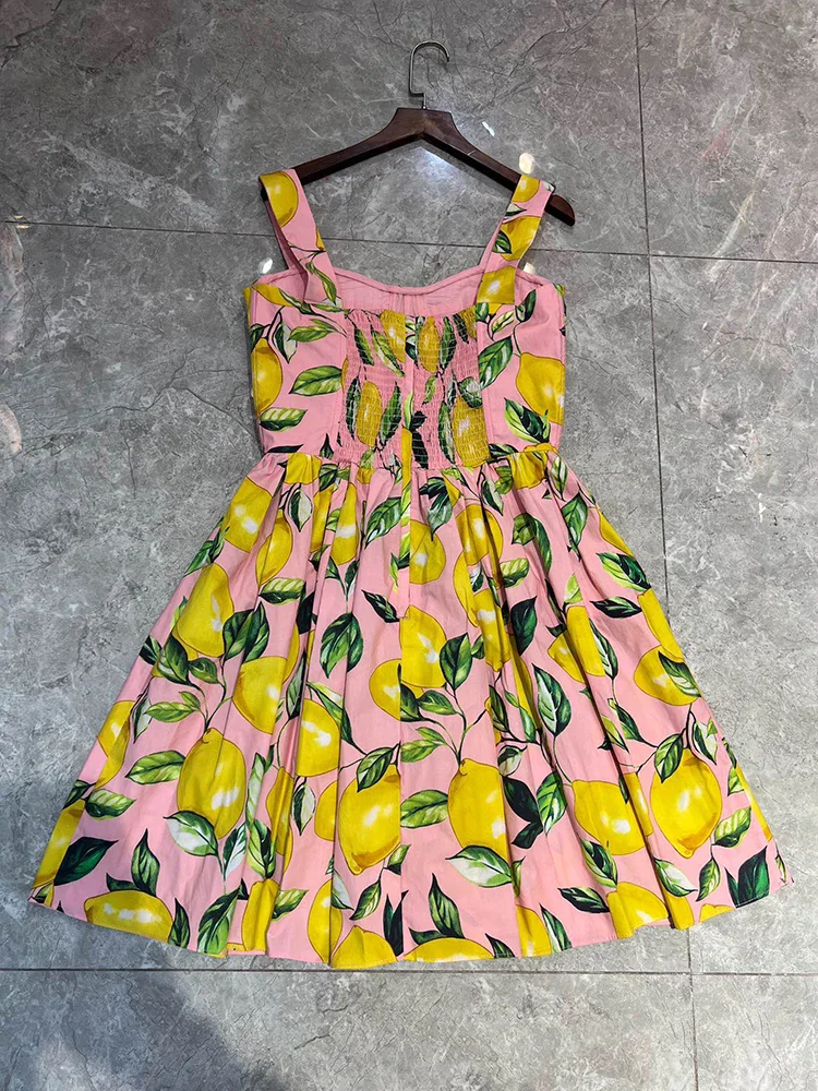 JUNLINNA 100% Cotton Lemon Printing Dress Summer Beach Holiday Spaghetti Strap Above Knee Vestidos Sweet Wear