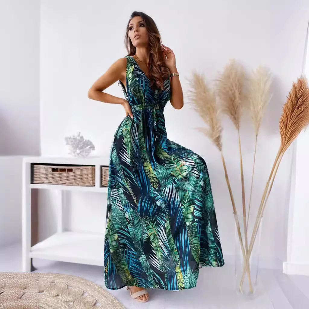 2025 vestido largo bohemio holgado con estampado Floral de plumas para mujer, vestido veraniego con escote en V profundo y espalda descubierta, ropa de playa