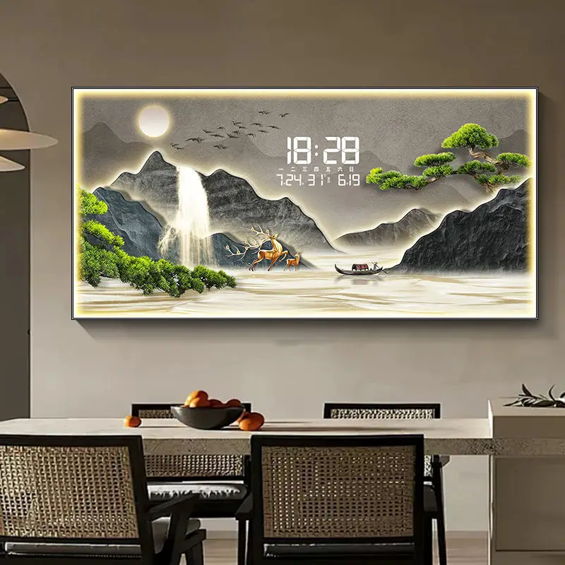 LED Crystal Porcelain Painting Wall Art Digital Clock Landscape Diamond Art Frame For Restaurant Decoration Canvas Support Base