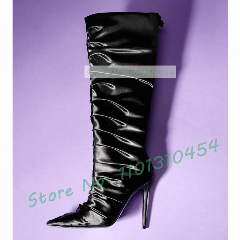 Black Pleated Satin Long Boots Stylish Women New In High Heels Pointy Shoes Sexy Ladies Causal Summer Back-zip Streetwear Shoes