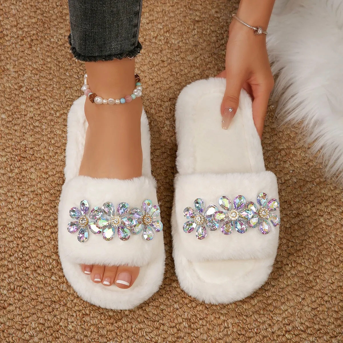 

Fashionable Indoor Women's Slippers Warm Cotton Fur Slippers Home Slippers Korean Style Autumn Winter New Arrival