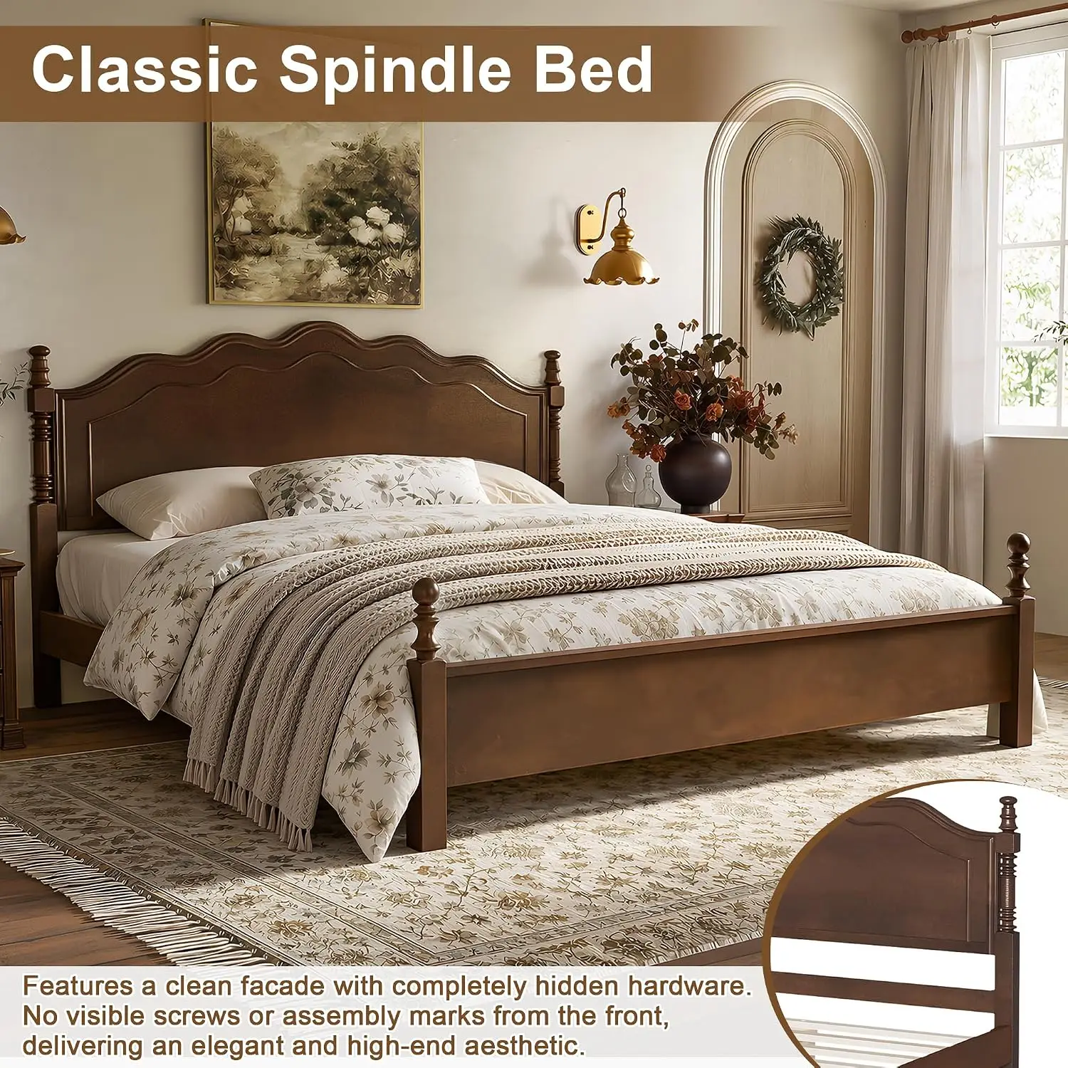 Vintage Wood Platform Bed Frame Spindle Post Curved Headboard No Box Spring Needed King Size, Customized image 5