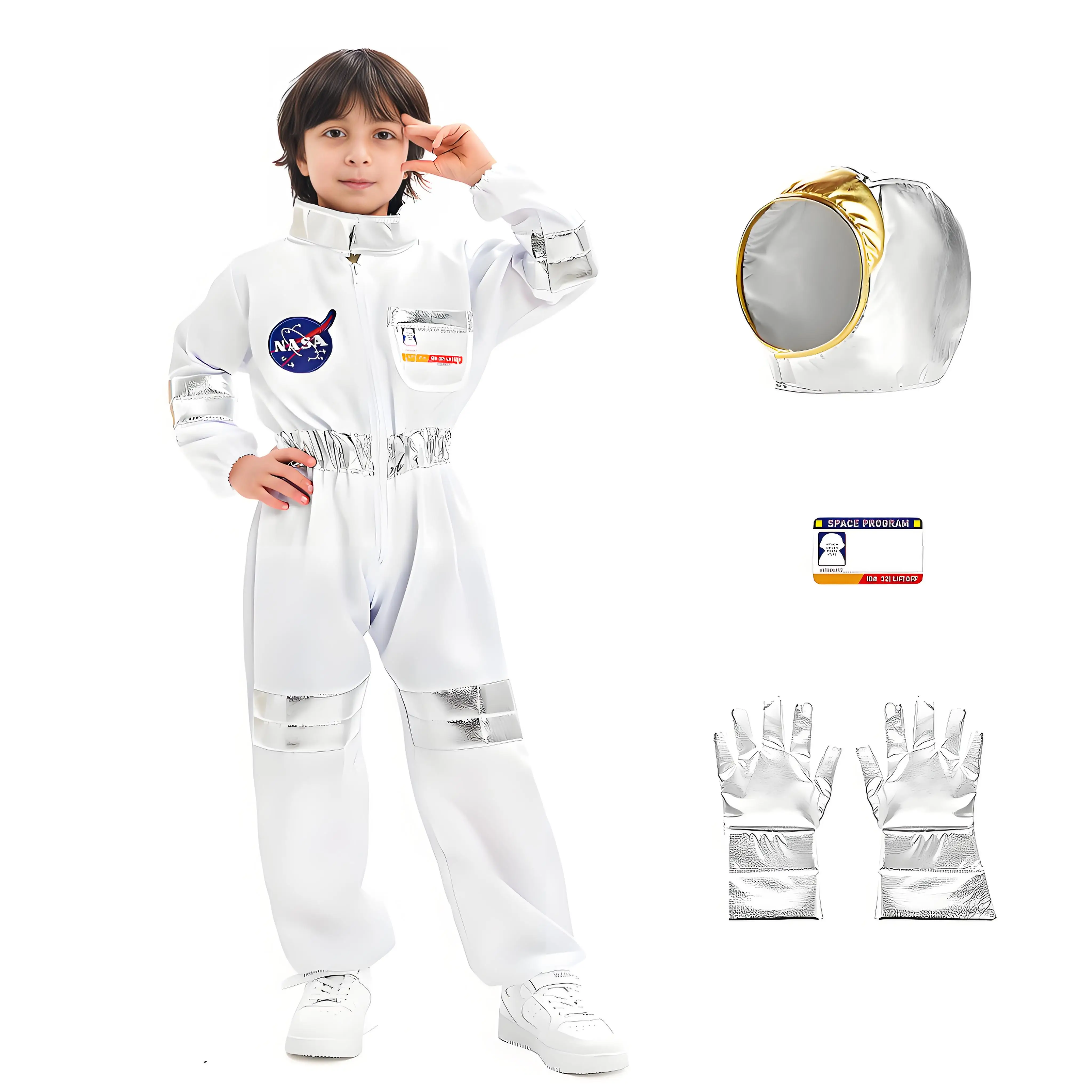2026 Children Space Astronaut Cosplay Jumpsuit, Halloween Carnival Party Fancy White Dress Costume Complete Accessories Kit Suit