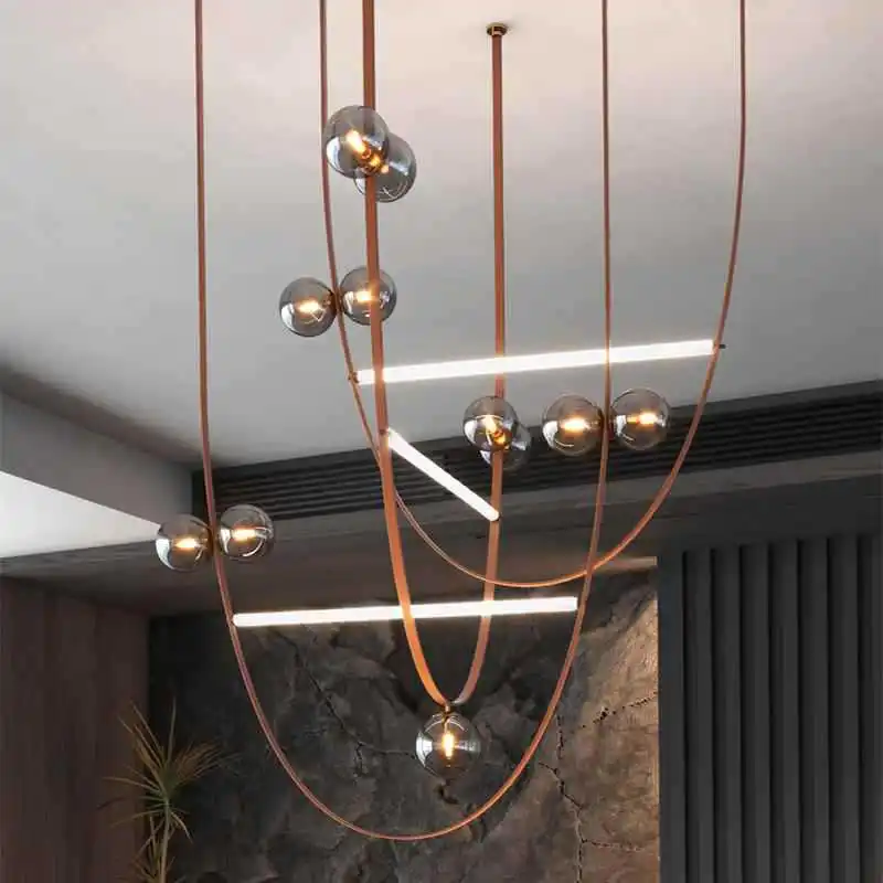 Modern LED Leather Belt Chandelier Large Staircase Suspension Lamp Living Room Villa Duplex Designer pendent lamp