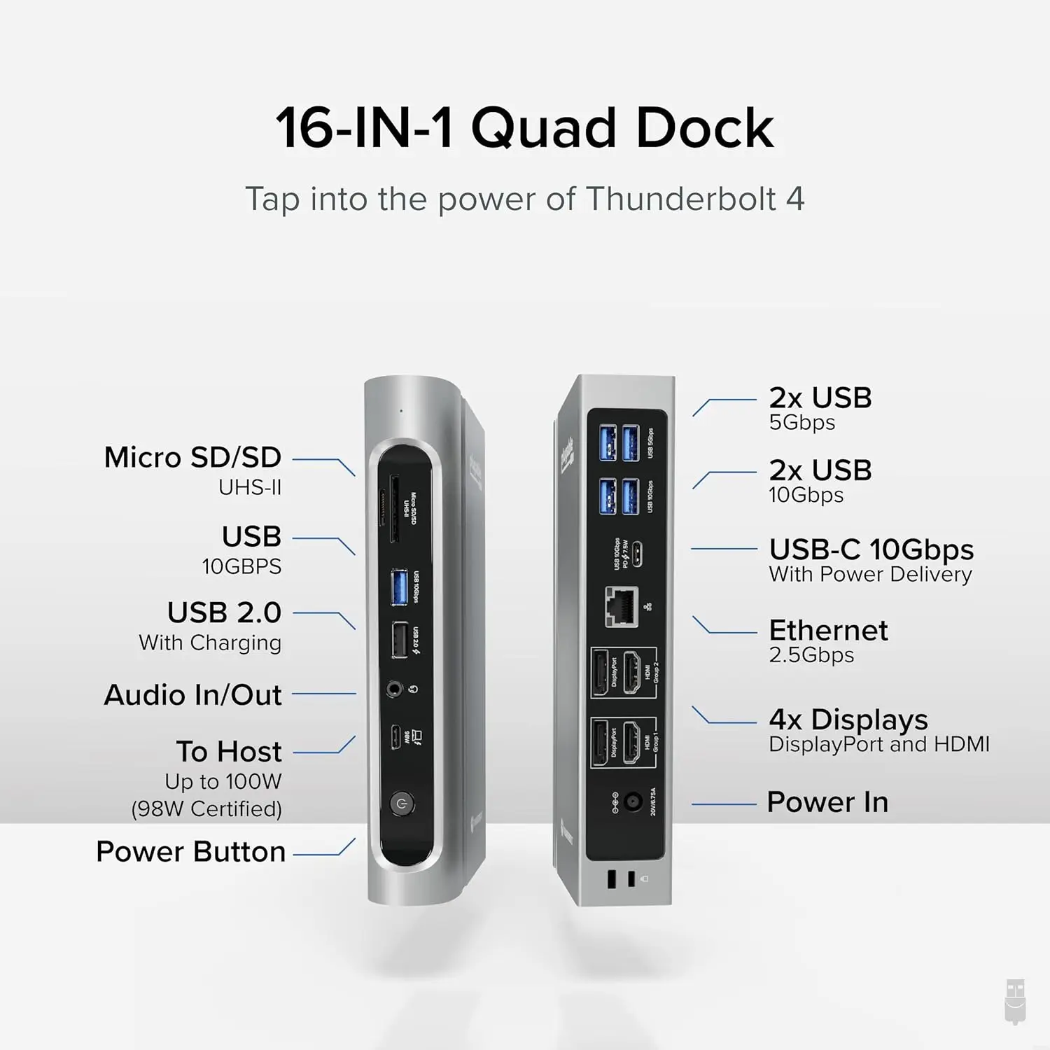 Plugable 16-in-1 4 Dock with 100W Charging, 4K Quad Monitor Setup for Thunderbolt 4 Windows Laptops, Thunderbolt Certified Dock