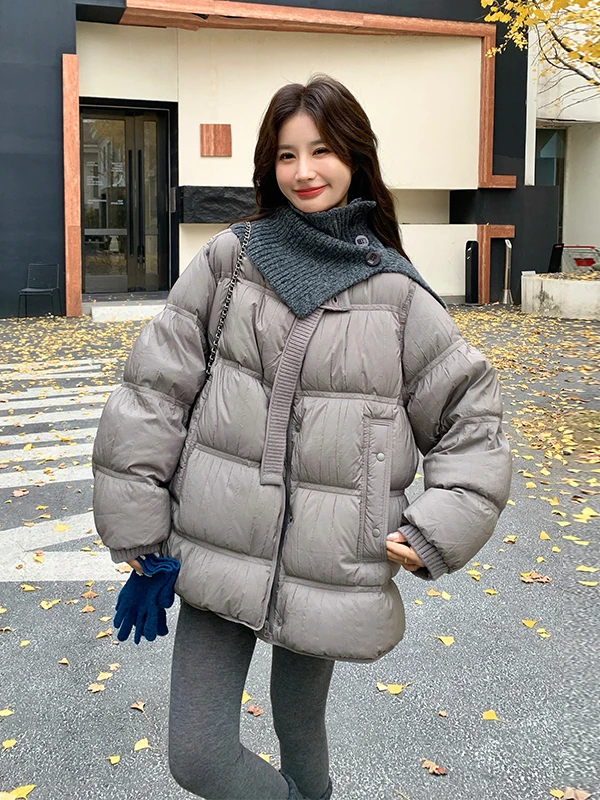 니트 스탠드 칼라 브레드 슬레 다운 자켓 여성용 오트 써 따뜻한 아우터웨어 캐주얼 루즈핏 화이트 듀 다운 충전재