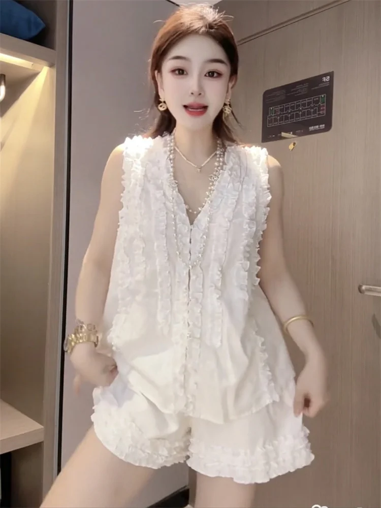 

Лето 2029, новый модный женский жилет для похудения с v-образным вырезом и рюшами для тяжелой промышленности + повседневные шорты, комплект льна