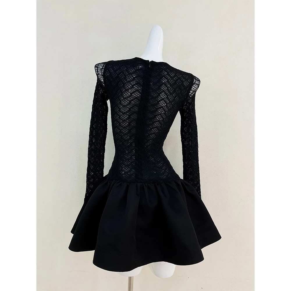 French Hepburn style round neck dress 2024 early autumn new senior sense of temperament waist long-sleeved skirt