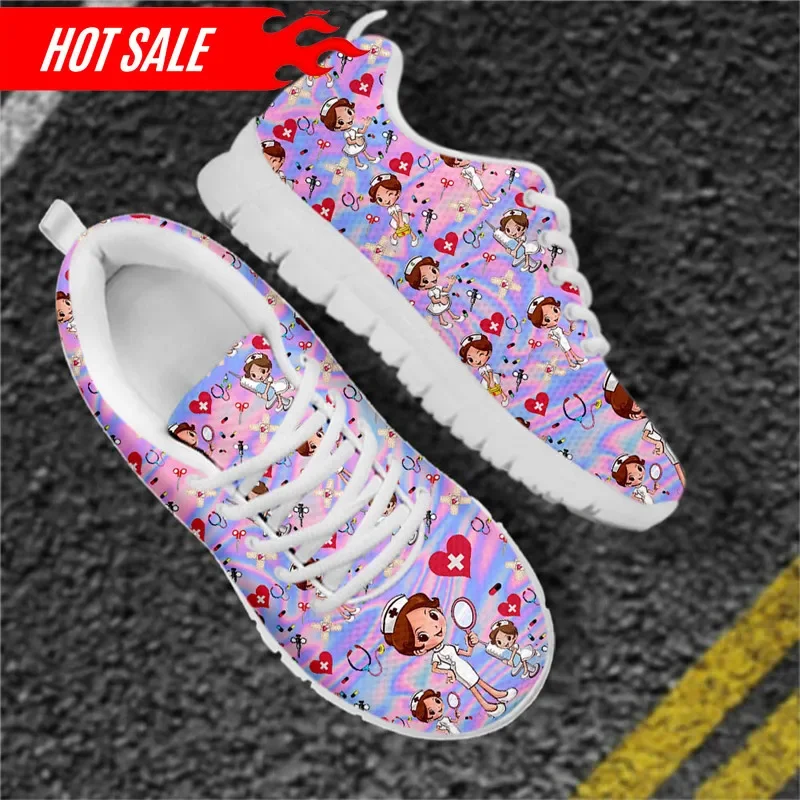 Kawaii Nurse Girls Rainbow Gradient Print Women's Nurse Shoes Healthcare Design Casual Flats Ladies Light Footwear